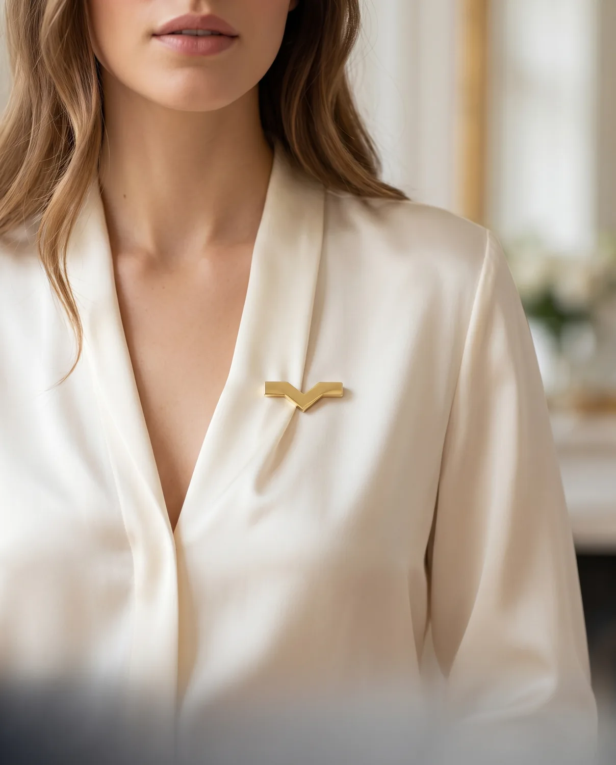 A gold StefMag worn on the lapel of a cream silk blouse.